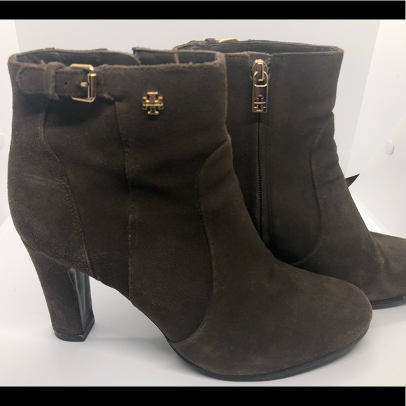 TORY BURCH Suede Boots Milan Heeled Booties Olive - Picture 6 of 10